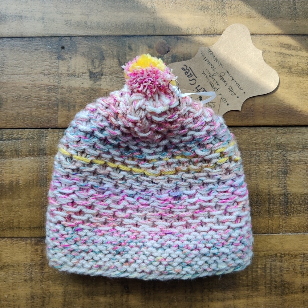 Handmade Rainbow Confetti Knit Pom Pom Beanie Hat - Kids